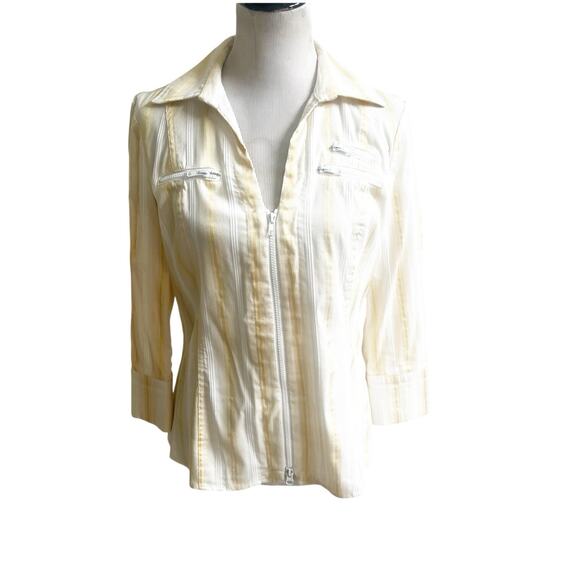 Cache Vintage Y2K Zipper Front Shirt Metallic Stripe Size Large Yellow White - Picture 1 of 14